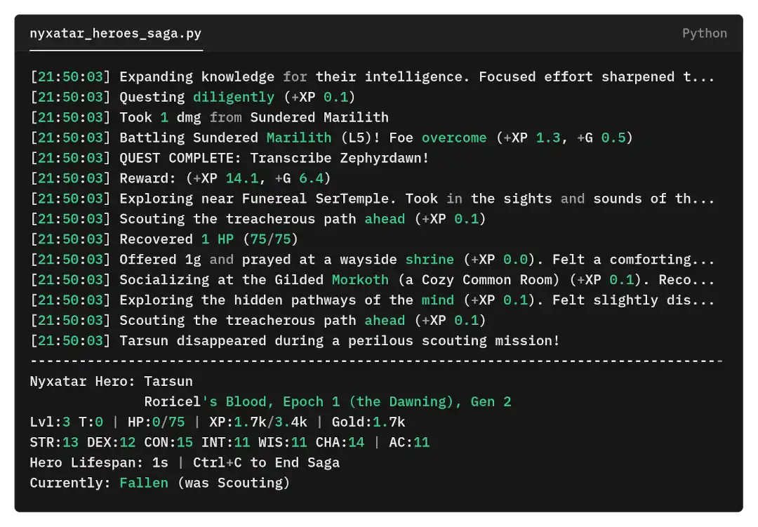 Nyxatar Heroes Saga: Terminal view of a character's Epoch, Gen, stats, and unfolding destiny
